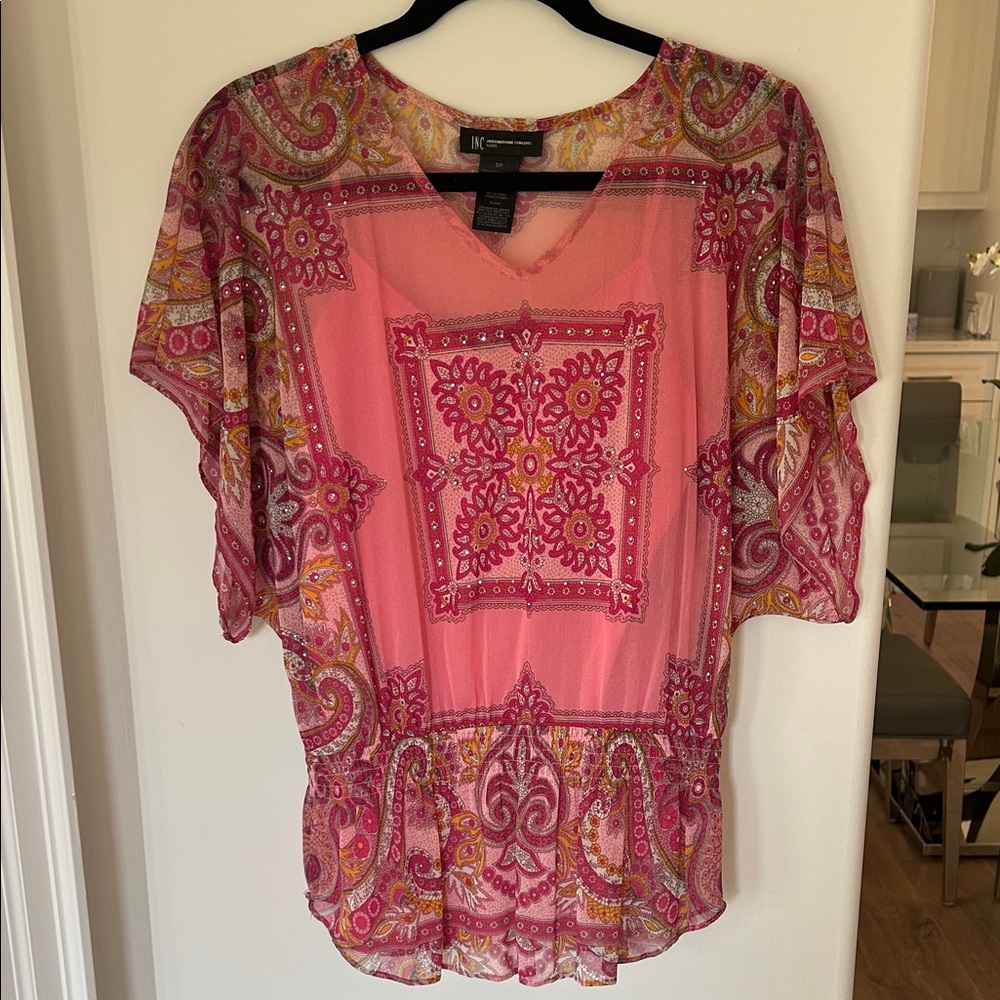 INC International Concepts Pink and Yellow Paisley Blouse